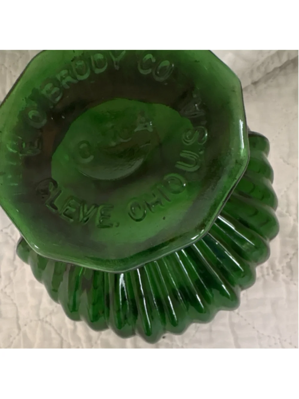 E.O. Brody Co M500 Green Pressed Glass Ribbed Pedestal Round Bowl